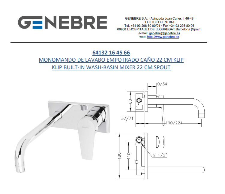 خلاط مغسلة مخفي 66 45 16 64132 KLIP اسباني GENEBRE كروم 22 سم