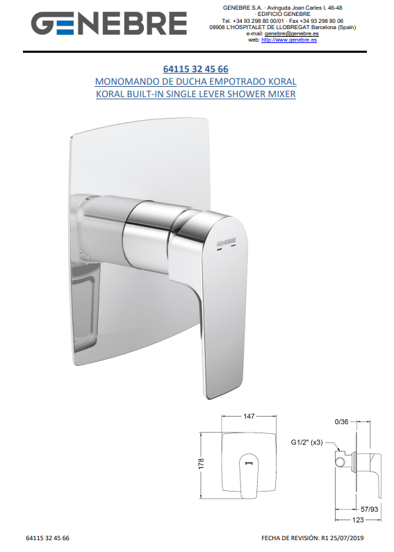خلاط دش مخفي 66 45 32 64115 KORAL اسباني GENEBRE كروم خط واحد مستطيل