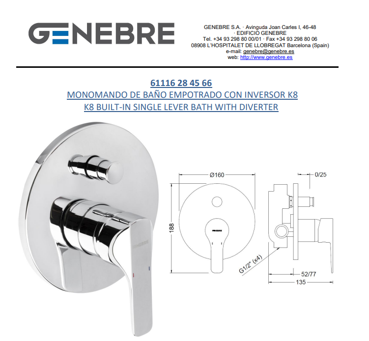 خلاط دش مخفي 66 45 28 61116 K8 اسباني GENEBRE كروم خطين دائري