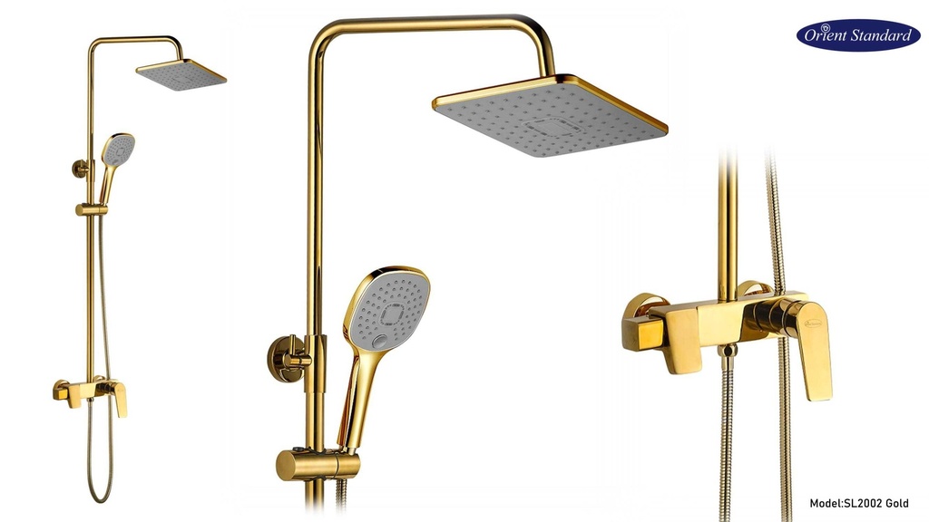 خلاط دش OS2002 صيني ORIENT STANDARD ذهبي مع ماسورة بسماعة 20*20 سم مربع وصبانة