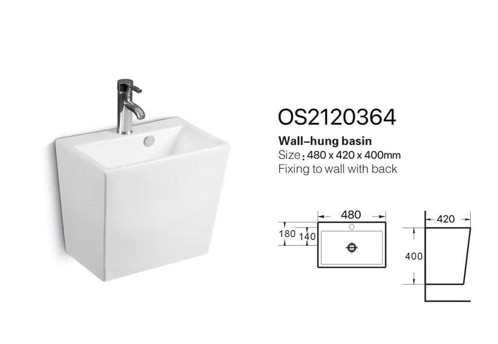 مغسلة سيراميك تعليق OS2120364 صيني ORIENT STANDARD ابيض مربع 48*42*40 سم