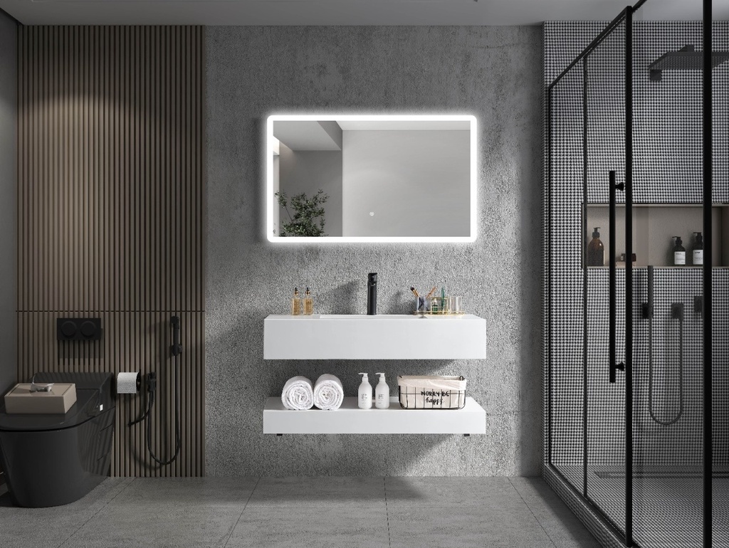 مغسله حجر صناعي OS11 لون أبيض مرايه ليد  100سم