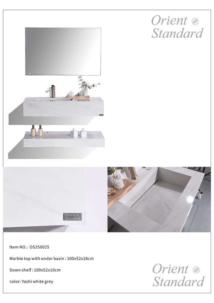 مغسلة حجر OS25 صيني ابيض رمادي 100 سم حوض حجر بهراب شلال اتوماتيك مع مراية ليد