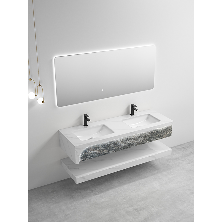 مغسلة بورسلان مضيئة OS71 صيني ابيض رمادي غامق 120 سم حوضين سيراميك