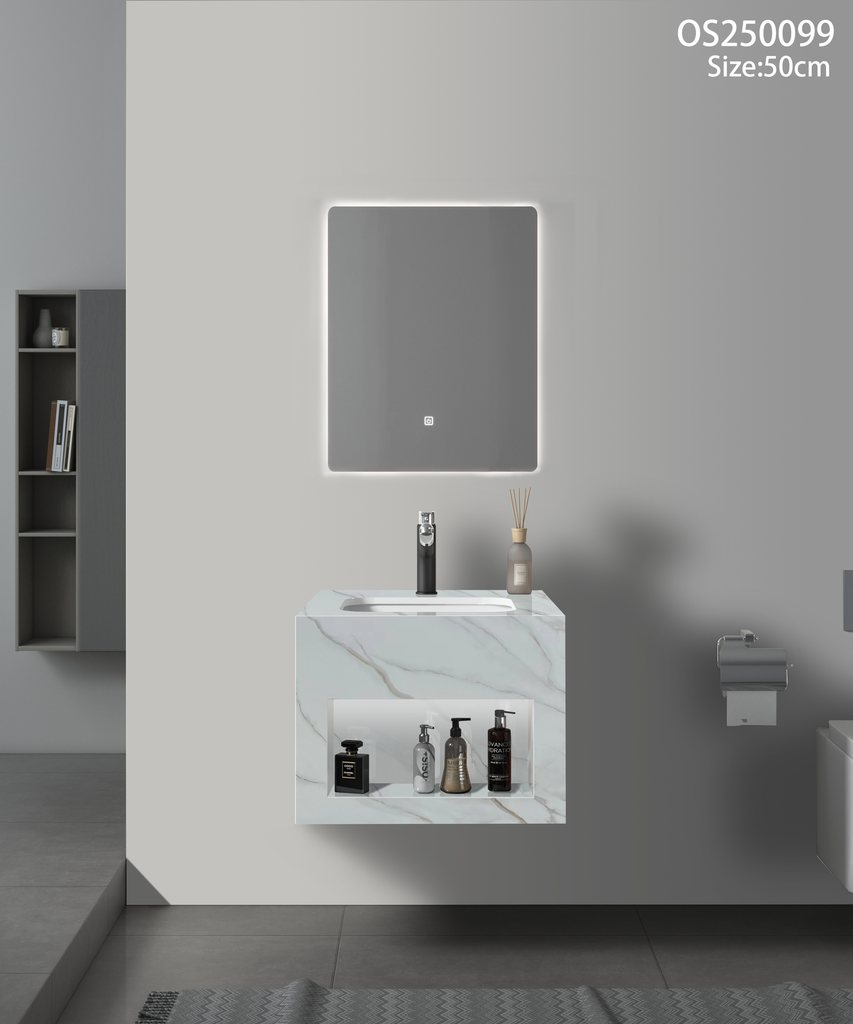 مغسلة بورسلان أبيض ذهبي مرخم اضاءة امامية حوض سيراميك OS99 صيني 50سم