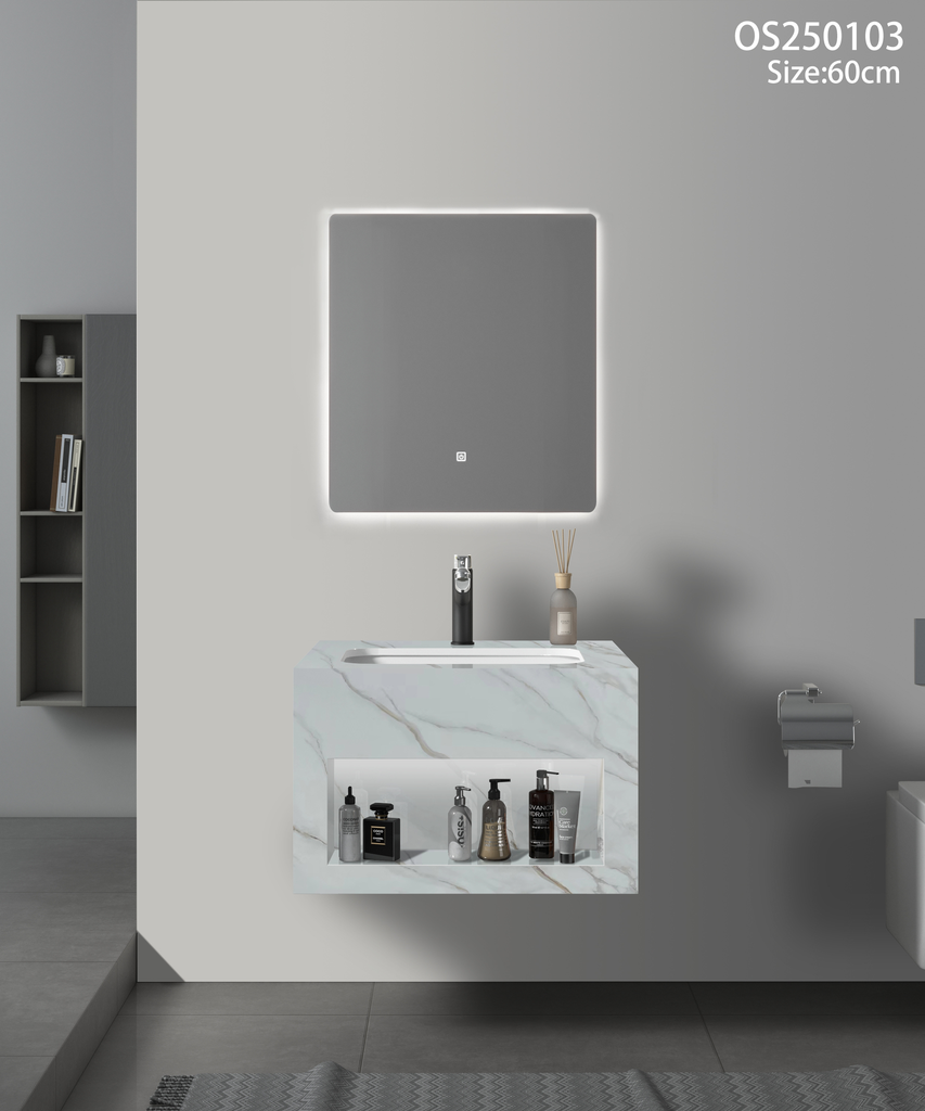 مغسلة بورسلان أبيض ذهبي مرخم اضاءة امامية حوض سيراميك OS103 صيني 60سم