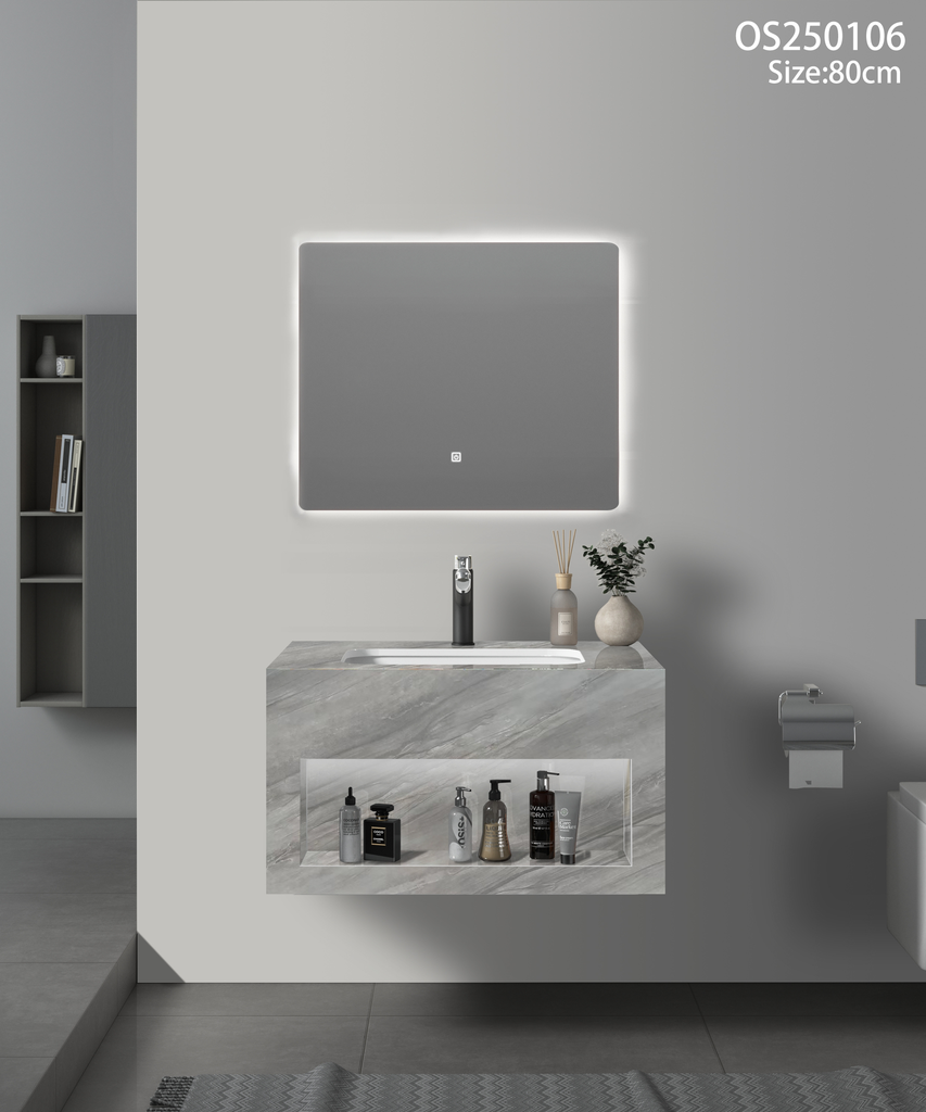 مغسلة حجر رمادي مطفي مرخم اضاءة امامية حوض سيراميك OS106 صيني 80سم