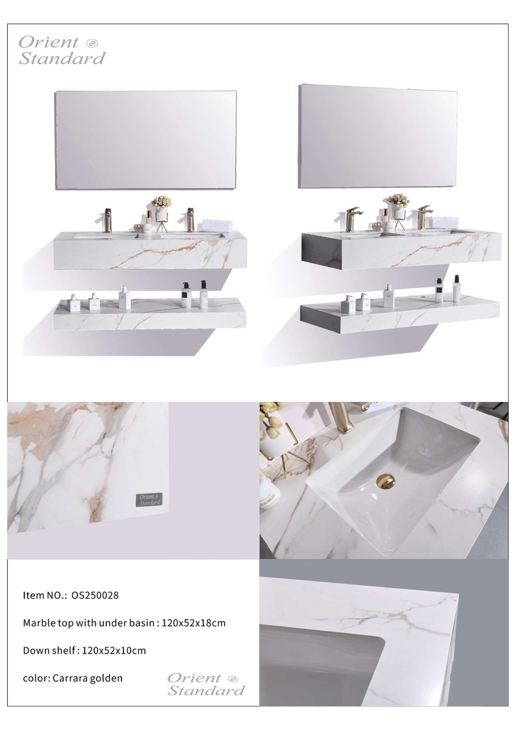 مغسلة حجر OS250028 صيني ORIENT STANDARD ابيض ذهبي 120 سم حوضين سيراميك مع مراية ليد