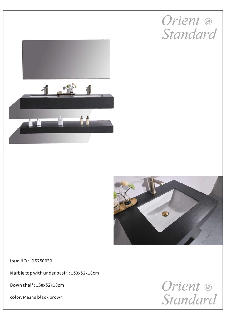 مغسلة حجر OS250039 صيني ORIENT STANDARD اسود 150 سم حوضين سيراميك مع مراية ليد