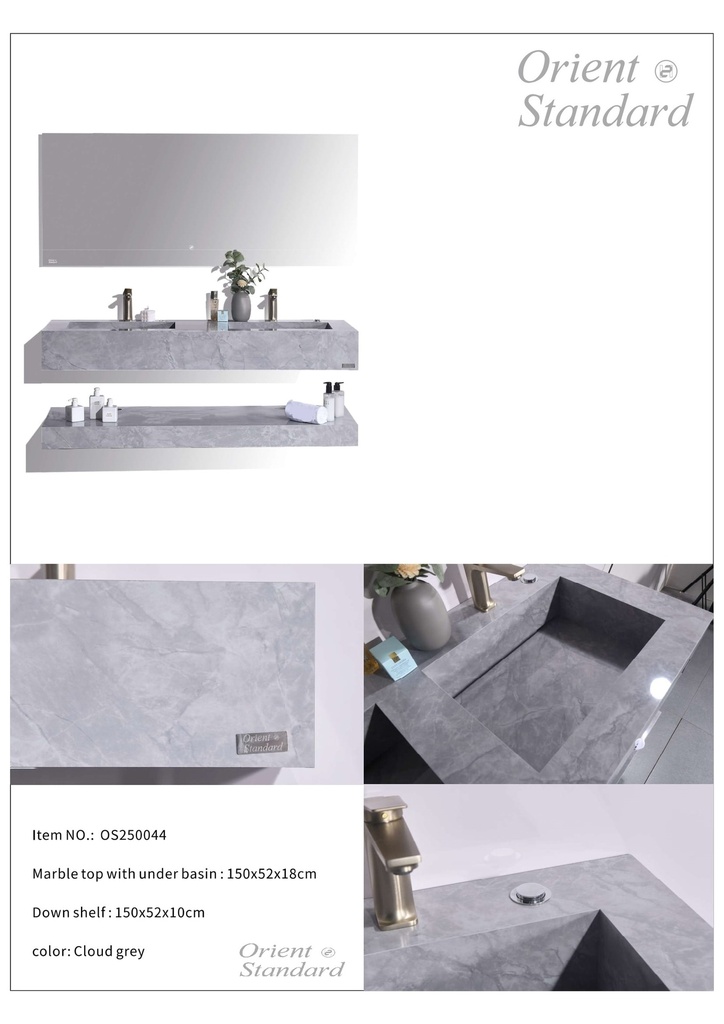 مغسلة حجر OS250044 صيني ORIENT STANDARD رمادي ابيض 150 سم حوضين حجر بهراب شلال اتوماتيك مع مراية ليد