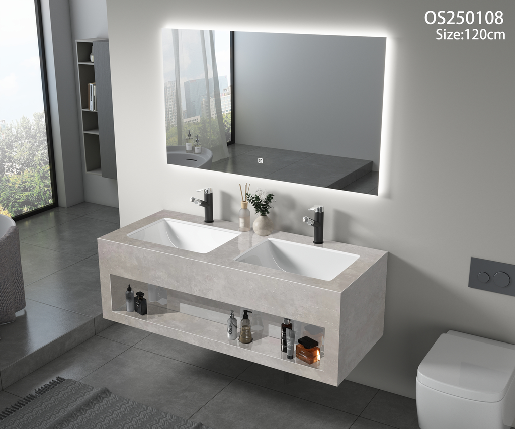 مغسلة بورسلان رمادي مطفي اضاءة امامية حوضين سيراميك OS108 صيني 120سم