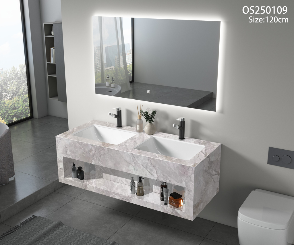 مغسلة بورسلان رمادي مرخم اضاءة امامية حوضين سيراميك OS109 صيني 120سم