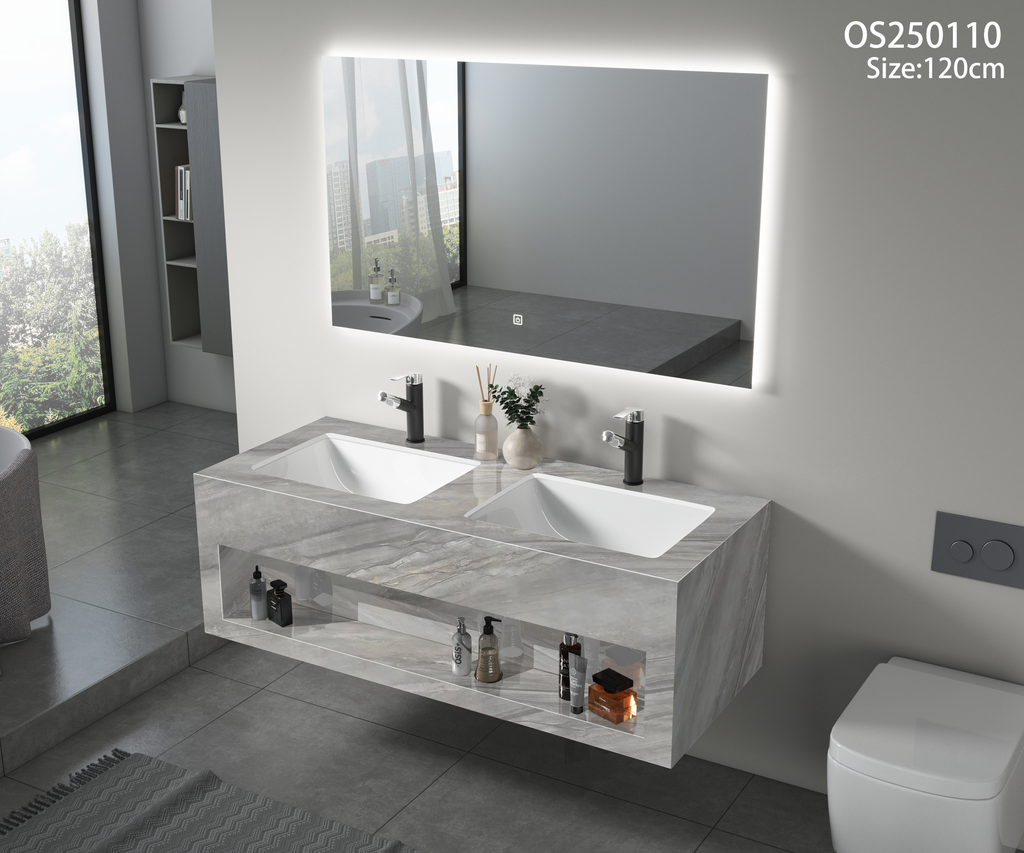 مغسلة بورسلان رمادي مطفي مرخم اضاءة امامية حوضين سيراميك OS110 صيني 120 سم