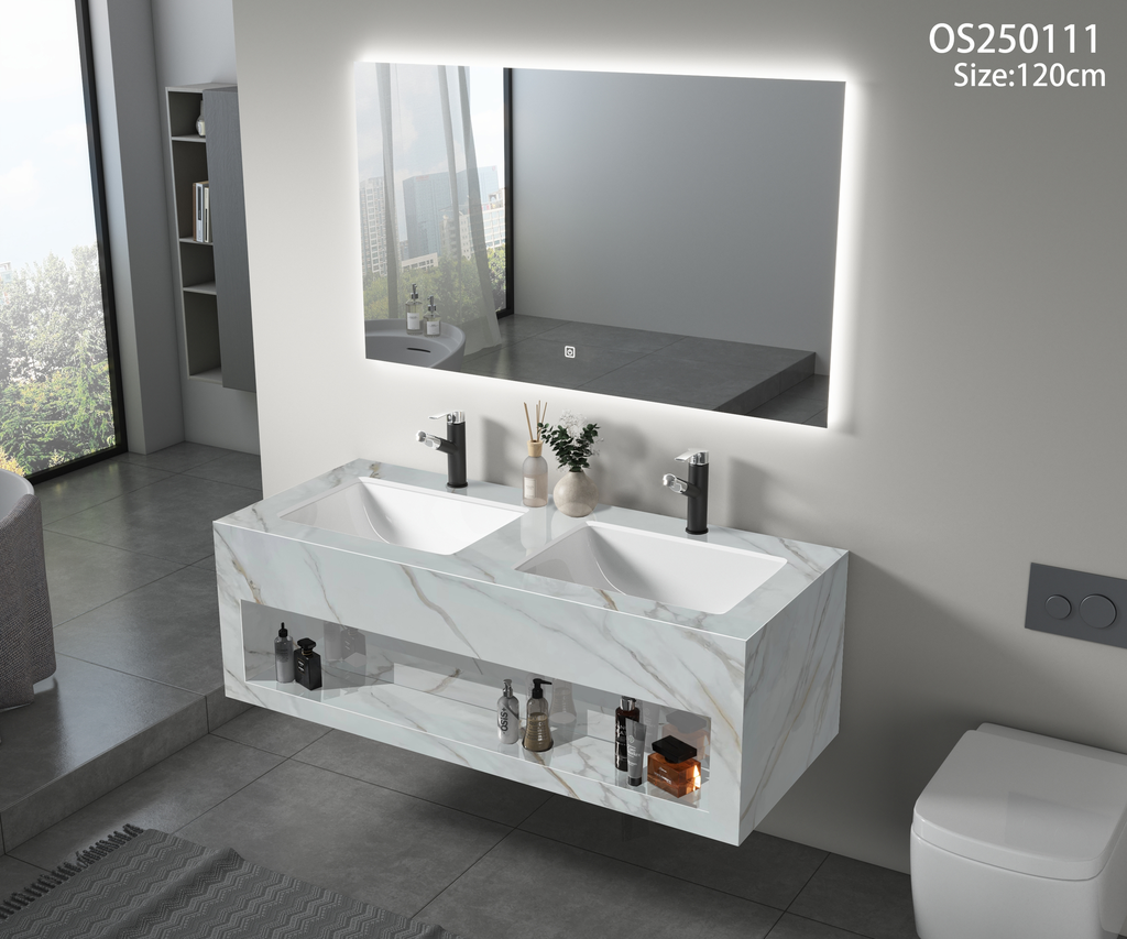 مغسلة حجر ابيض ذهبي مرخم اضاءة امامية حوضين سيراميك OS111 صيني 120سم