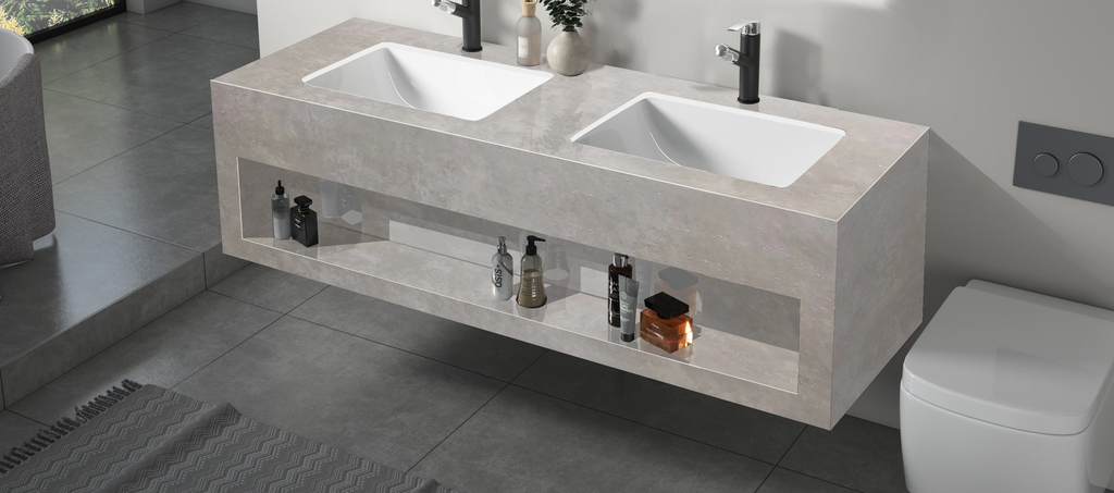 مغسلة بورسلان رمادي مطفي اضاءة امامية حوضين سيراميك OS112 صيني 150سم