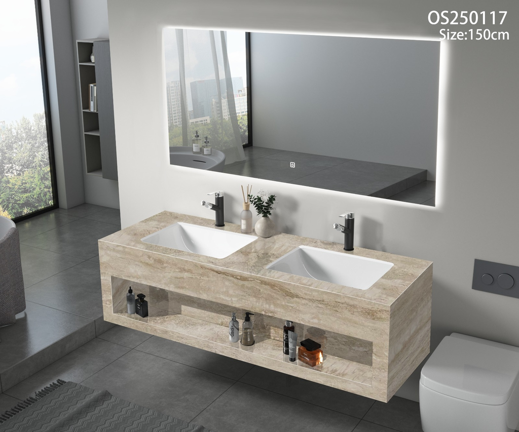 مغسلة بورسلان حوضين سيراميك OS117 صيني ترافيرتينو بيج 150سم مع مراية