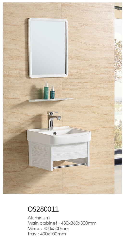 مغسله المونيوم أبيض رمادي تعليق OS280011 حوض سراميك علاقه استيل مع مرايا  ورف 43*36سم