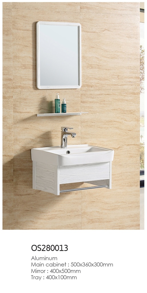 مغسله المونيوم أبيض رمادي تعليق OS280013 حوض سراميك علاقه استيل مع مرايا  ورف 50*36سم