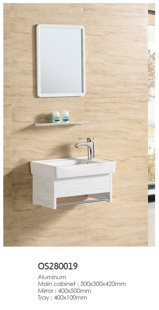 مغسله المونيوم أبيض رمادي تعليق OS280019 حوض سراميك علاقه استيل مع مرايا  ورف 50*30سم