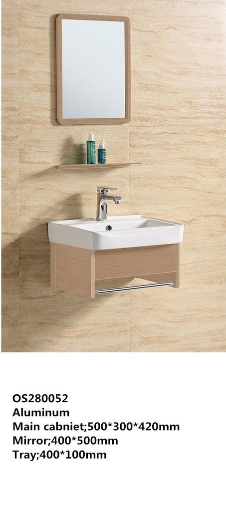 مغسله المونيوم خشبي  تعليق OS280052 حوض سراميك علاقه استيل مع مرايا  ورف 50*36سم