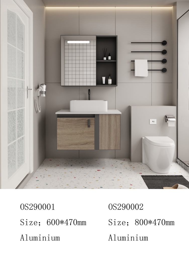 مغسلة المونيوم KD OS290002 صيني ORIENT STANDARD خشبي 80 سم مع رخام وحوض فوق وصيدلية بمراية ليد