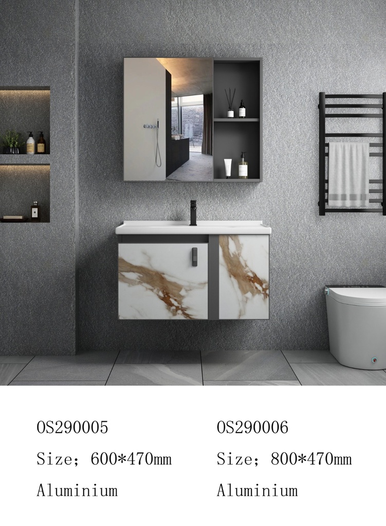 مغسلة المونيوم KD OS290006 صيني ORIENT STANDARD ابيض ذهبي رخامي 80 سم مع حوض سيراميك وصيدلية بمراية