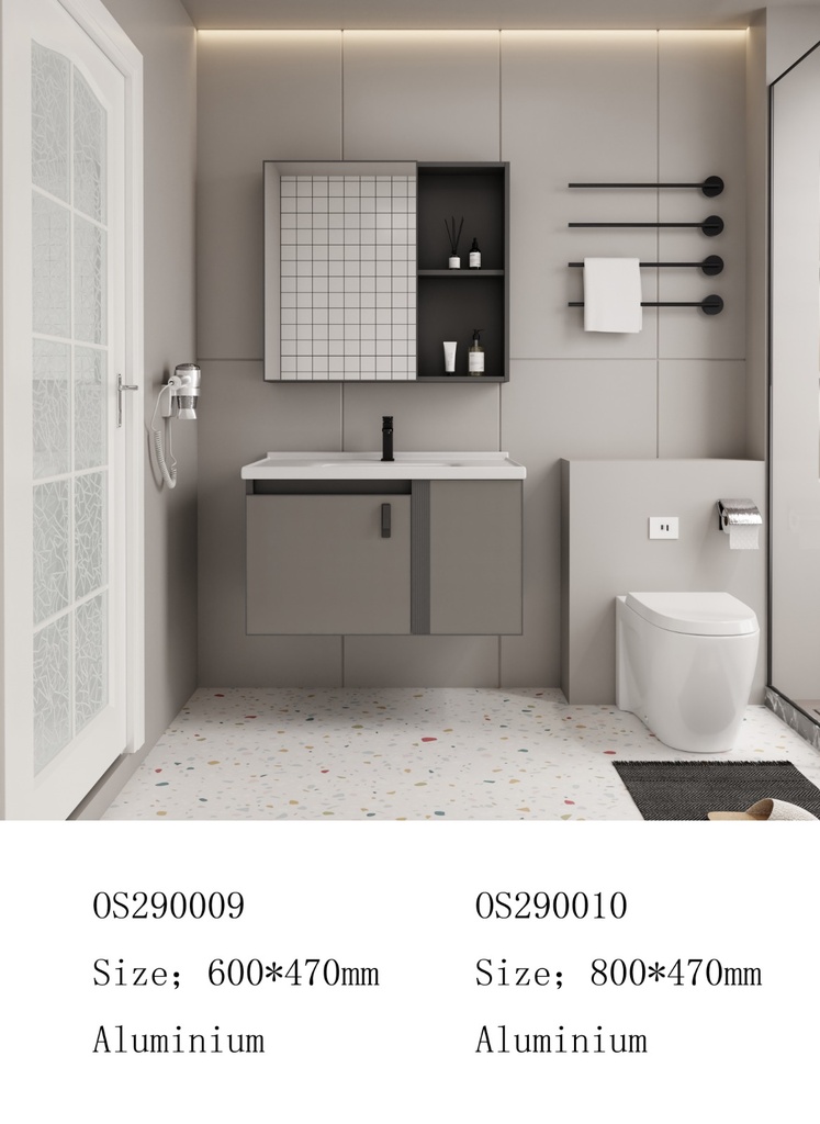 مغسلة المونيوم KD OS290010 صيني ORIENT STANDARD رمادي 80 سم مع حوض سيراميك وصيدلية بمراية