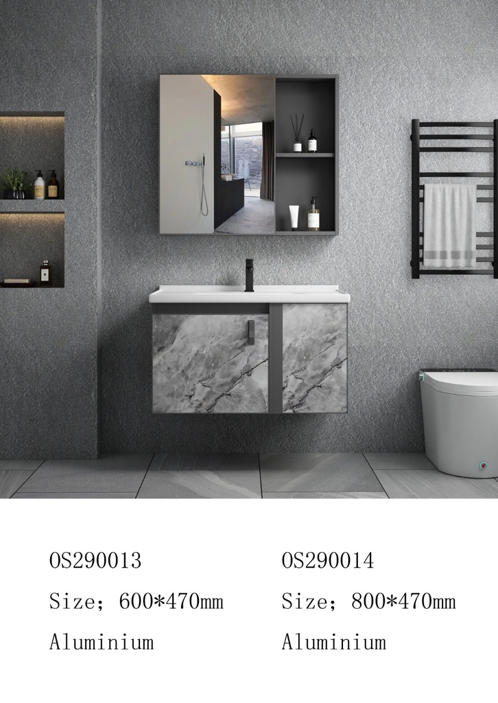 مغسلة المونيوم KD OS290013 صيني ORIENT STANDARD رمادي ابيض رخامي 60 سم مع حوض سيراميك وصيدلية بمراية