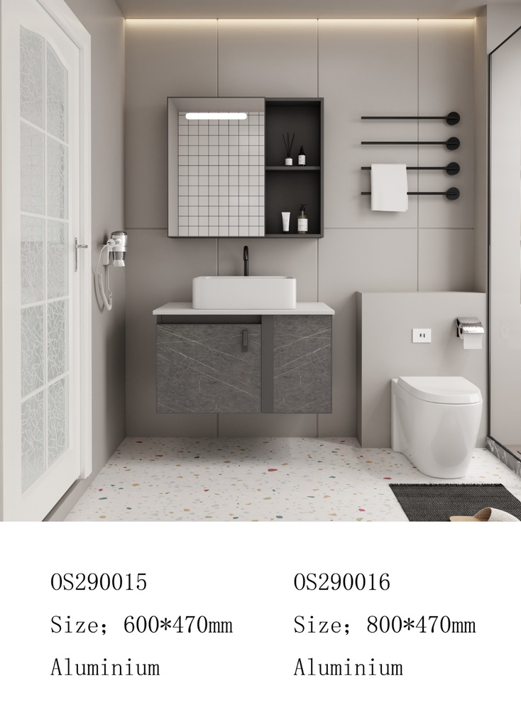 مغسلة المونيوم KD OS290015 صيني ORIENT STANDARD رمادي  رخامي 60 سم مع رخام وحوض فوق وصيدلية بمراية ليد