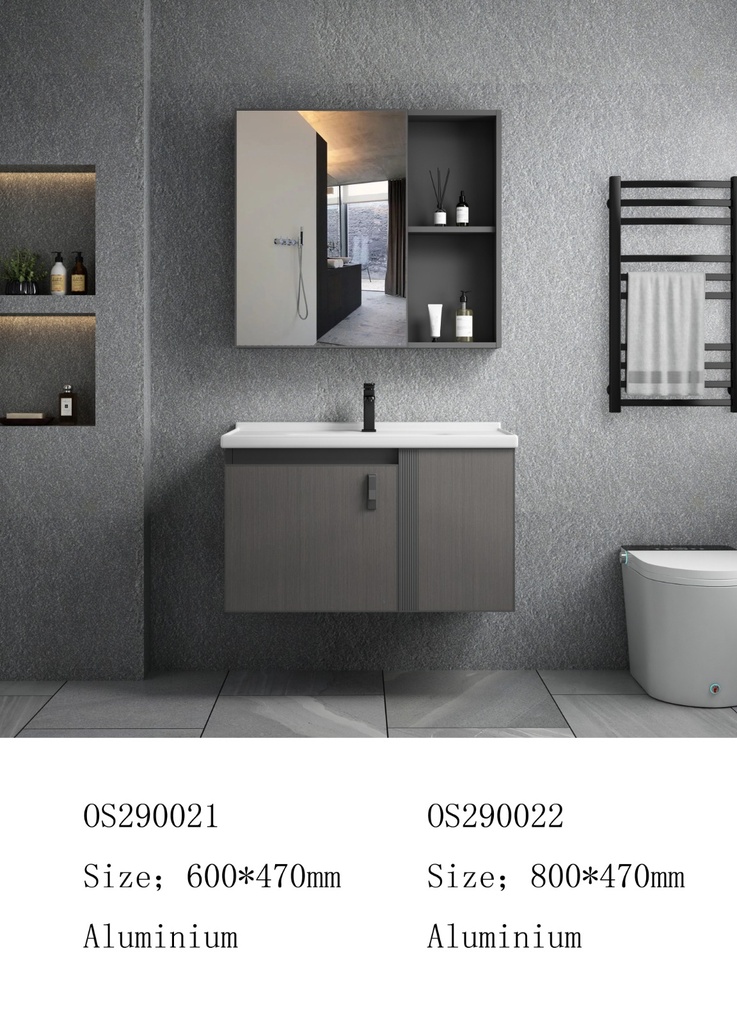 مغسلة المونيوم KD OS290022 صيني ORIENT STANDARD رمادي غامق 80 سم مع حوض سيراميك وصيدلية بمراية