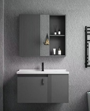 مغسلة المونيوم KD OS290023 صيني ORIENT STANDARD رمادي غامق 60 سم مع حوض سيراميك مع صيدلية بمراية