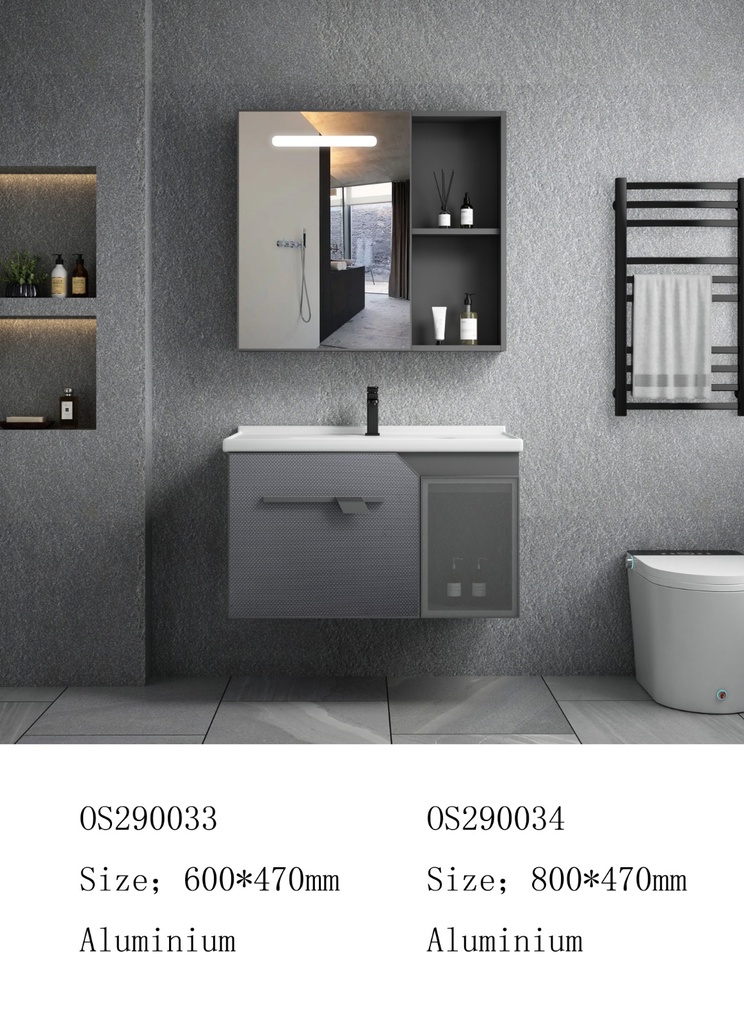 مغسلة المونيوم KD OS290034 صيني ORIENT STANDARD رمادي 80 سم مع حوض سيراميك وصيدلية بمراية ليد