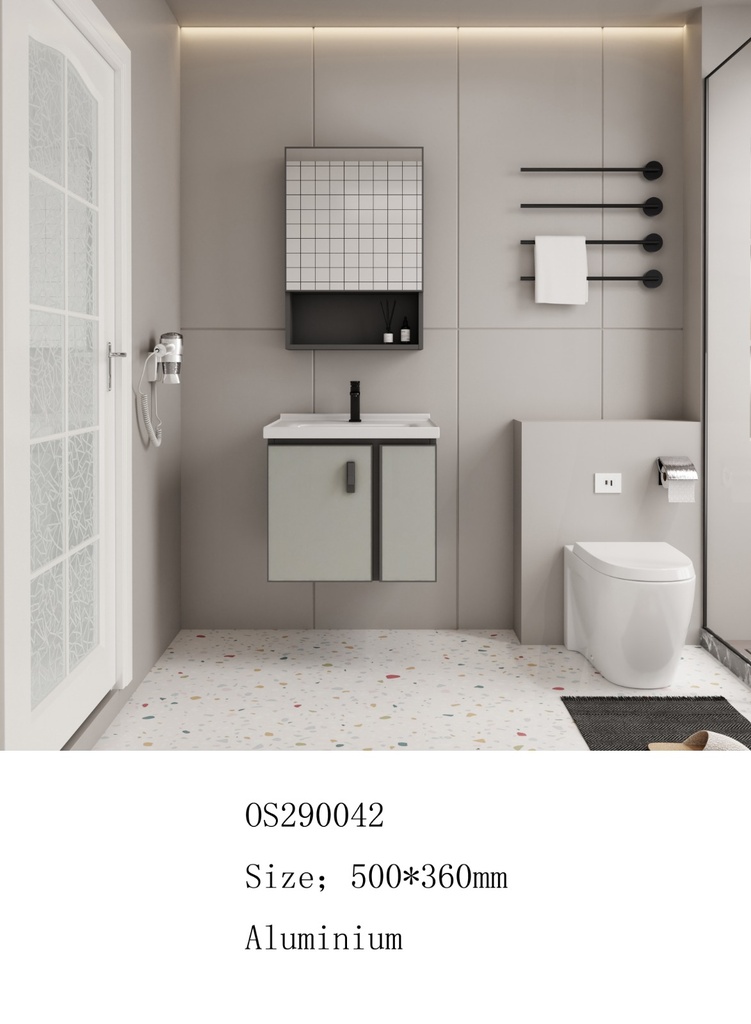 مغسلة المونيوم KD OS290042 صيني ORIENT STANDARD رمادي ابيض رخامي 50 سم مع حوض سيراميك وصيدلية بمراية