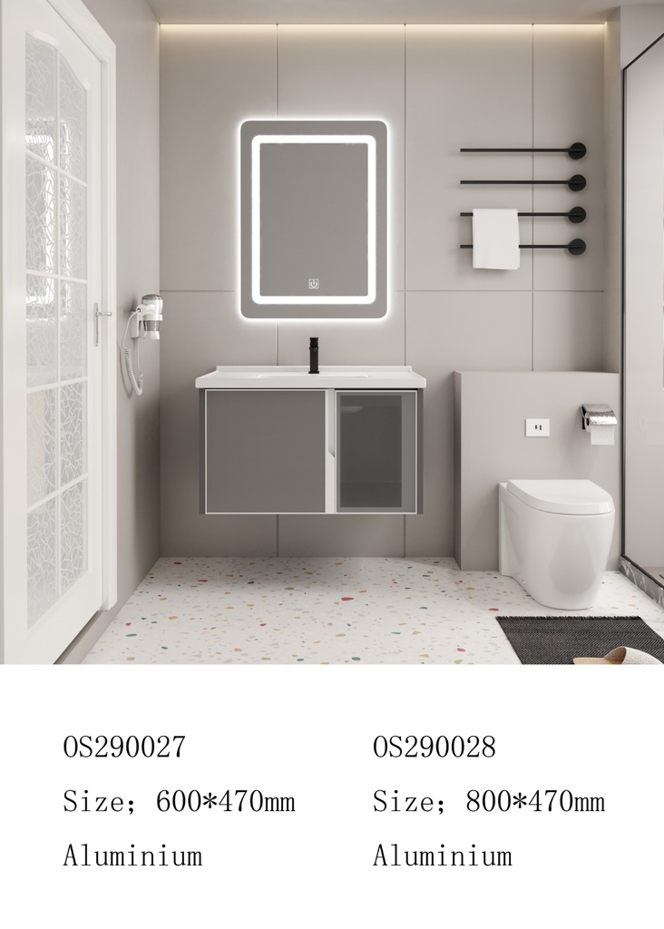 مغسلة المونيوم KD OS290028 صيني ORIENT STANDARD رمادي 80 سم مع حوض سيراميك ومراية ليد