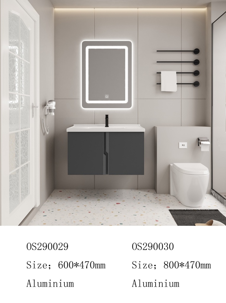 مغسلة المونيوم KD OS290029 صيني ORIENT STANDARD رمادي 60 سم مع حوض سيراميك ومراية ليد