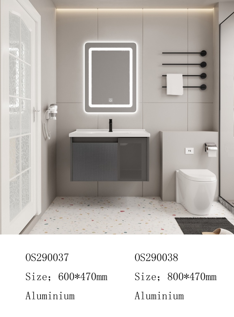 مغسلة المونيوم KD OS290037 صيني ORIENT STANDARD رمادي 60 سم مع حوض سيراميك ومراية ليد