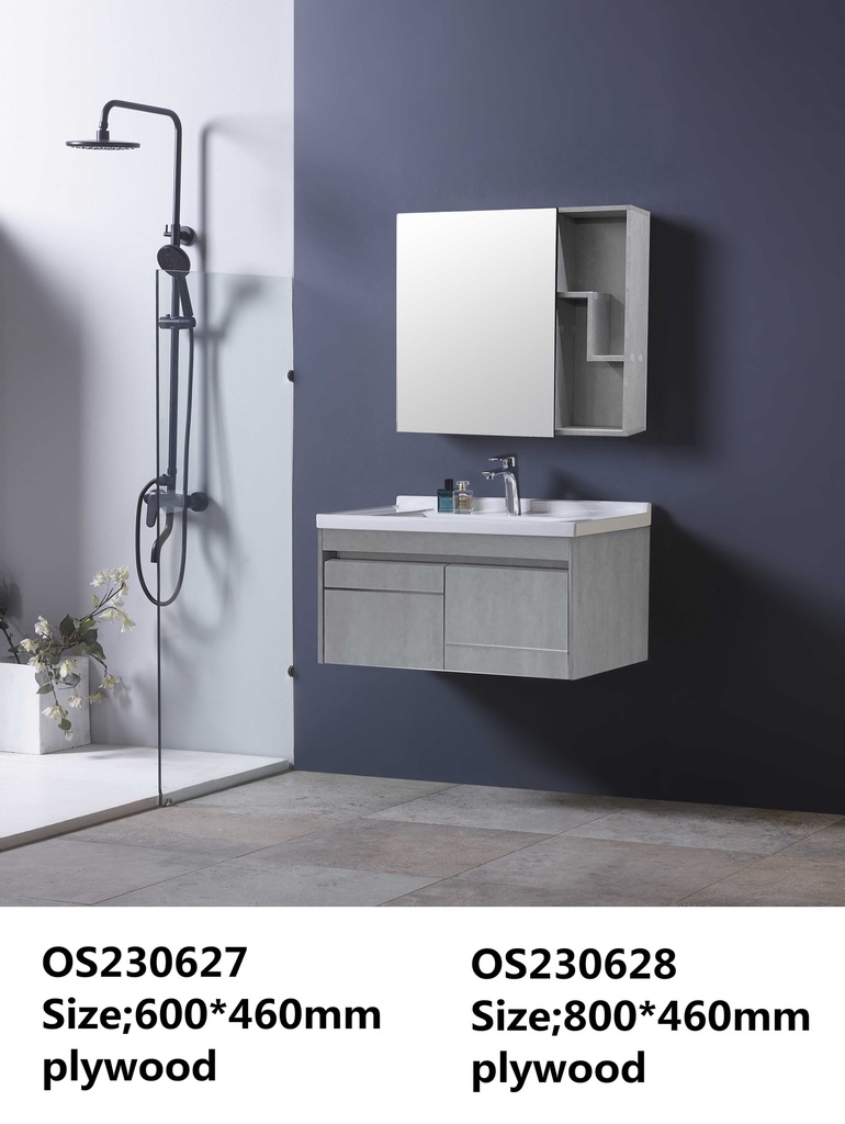 مغسلة  OS230627 خشب PW مع كبينة ومراية صيدلية 60*46 سم لون رمادي فاتح