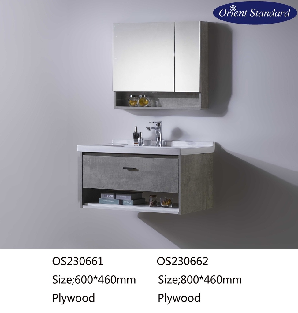 مغسلة OS230661 خشب PW مع كبينة ومراية صيدلية 60*46 سم لون Dark Cement Grey