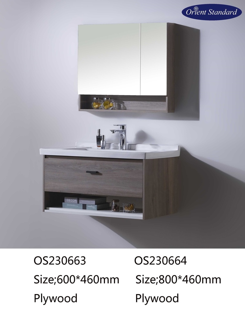 مغسلة OS230664 خشب PW مع كبينة ومراية صيدلية 80*46 سم لون خشبي + أسود رمادي