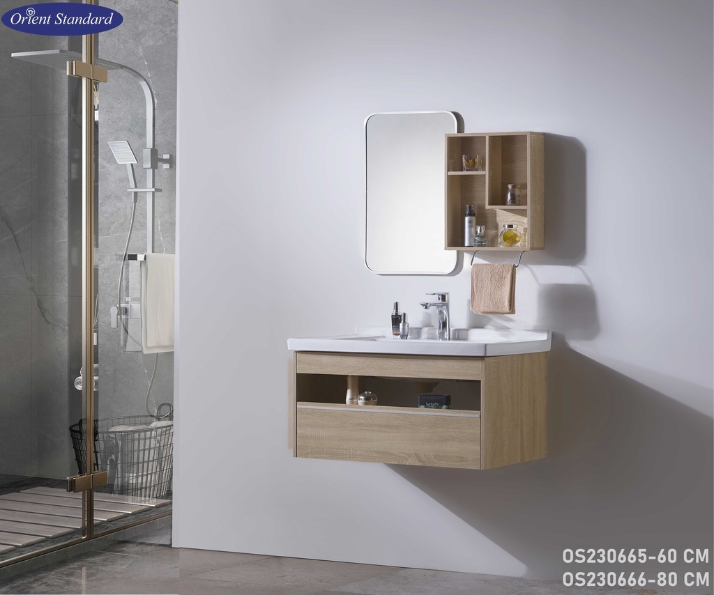 مغسلة OS230665 خشب PW مع كبينة ومراية صيدلية 60*46 سم لون خشبي  فاتح