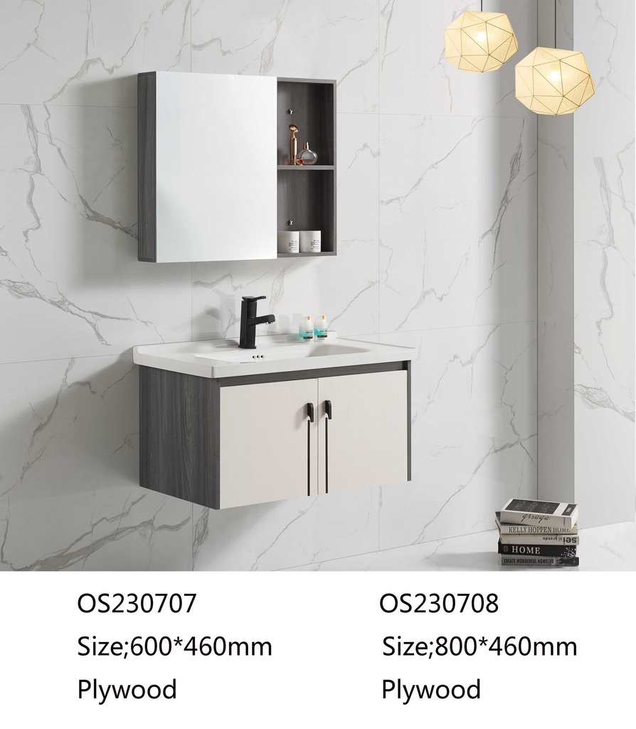 مغسلة  م OS230707 خشب PW مع كبينة ومراية صيدلية 60*46 سم لون أبيض + رمادي