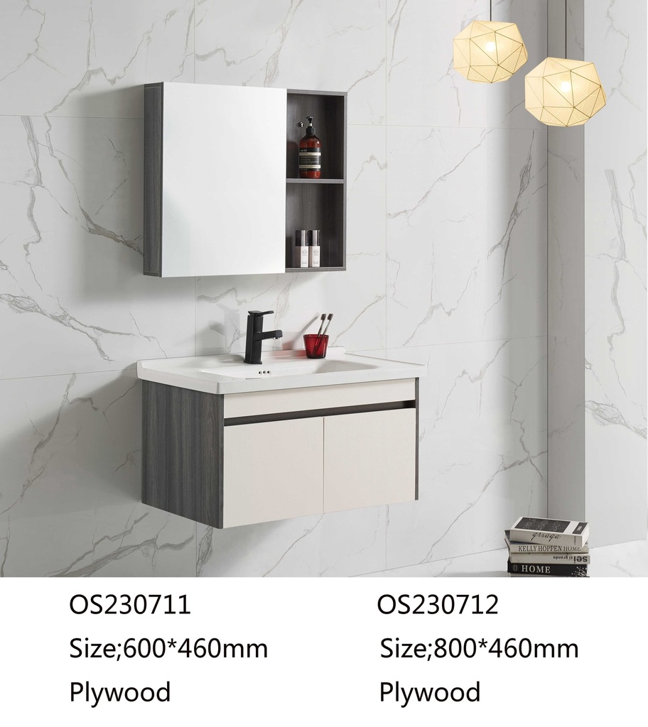 مغسلة  م OS230712 خشب PW مع كبينة ومراية صيدلية 80*46 سم لون أبيض + رمادي