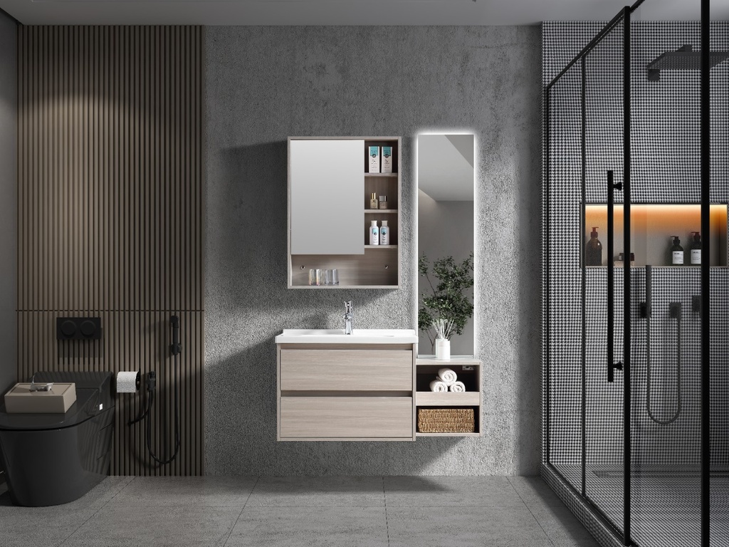 مغسلة دولاب خشب OS230741  حوض  لون خشبي مع صيدلية   LED مراية  70 سم