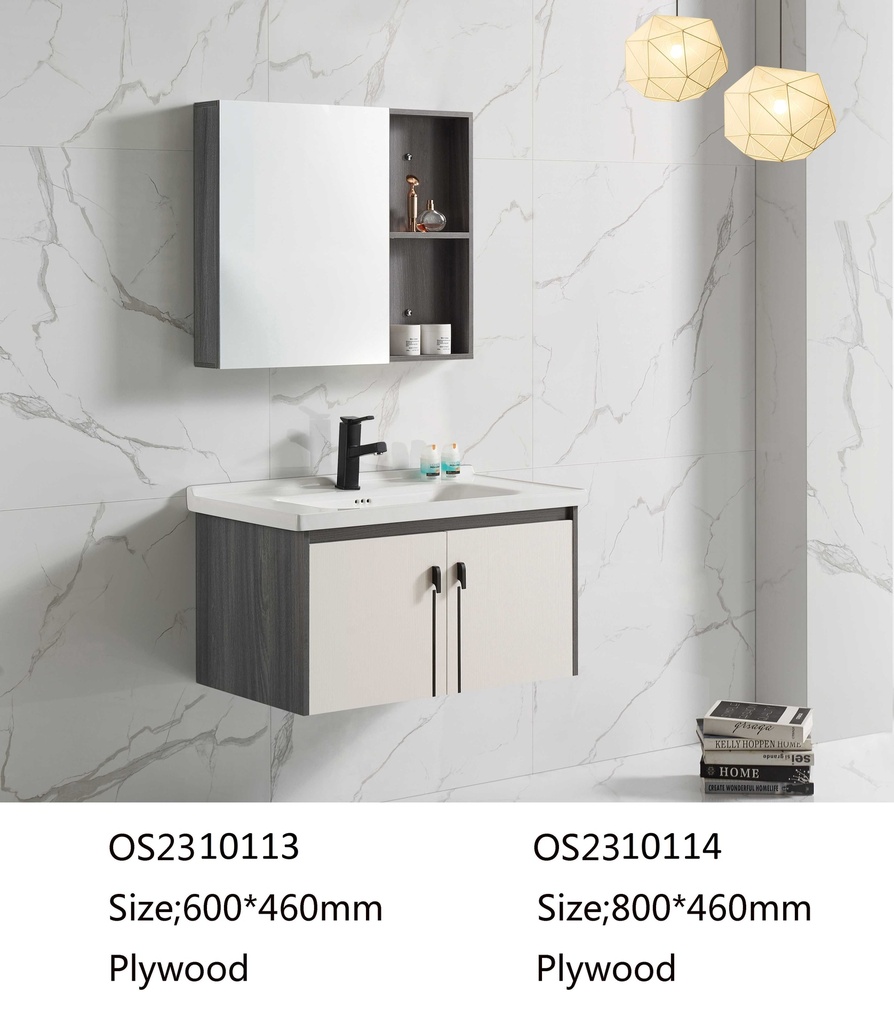 مغسلة خشب OS2310114 KD PW رمادي+ابيض 80 سم مع صيدلية بمراية