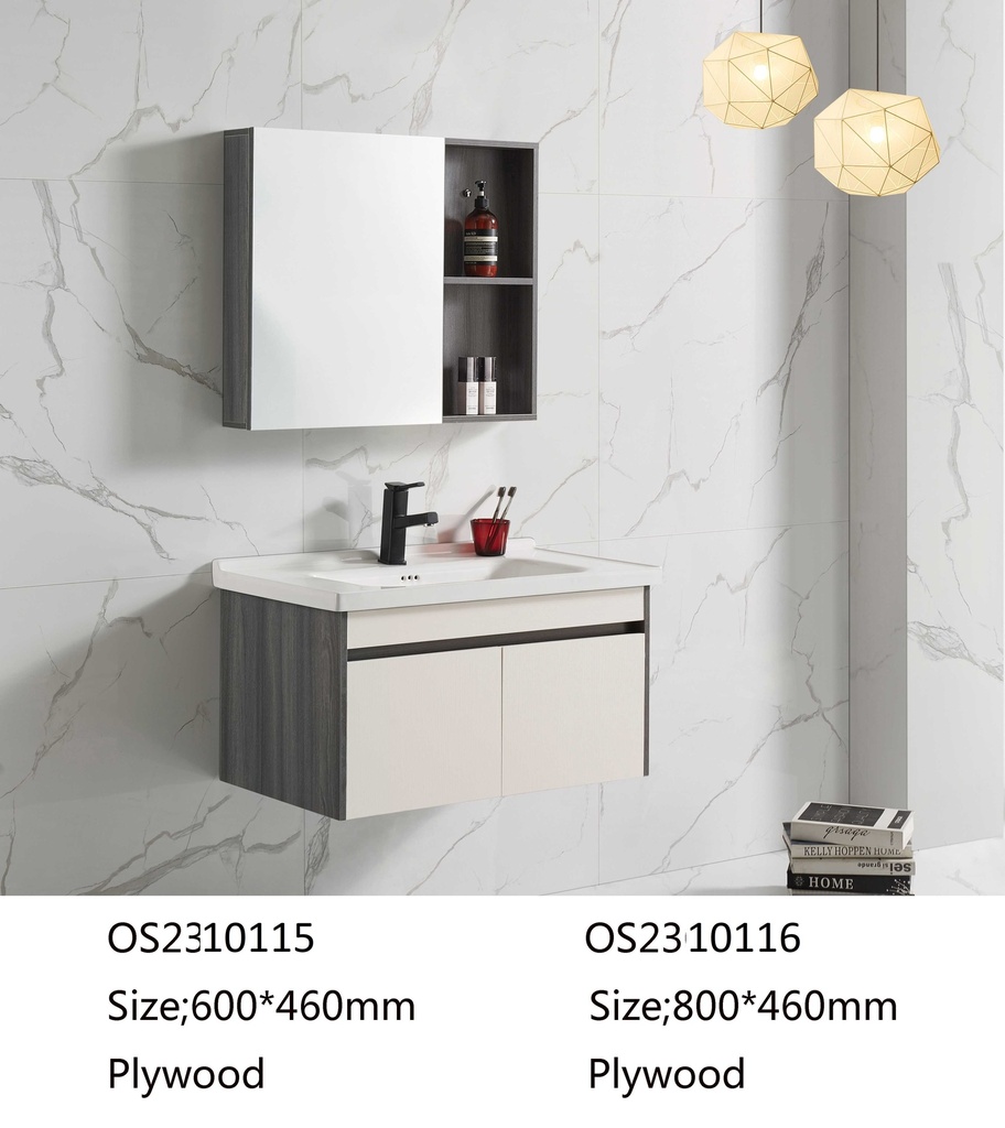 مغسلة خشب OS2310116 KD PW رمادي+ابيض 80 سم مع صيدلية بمراية