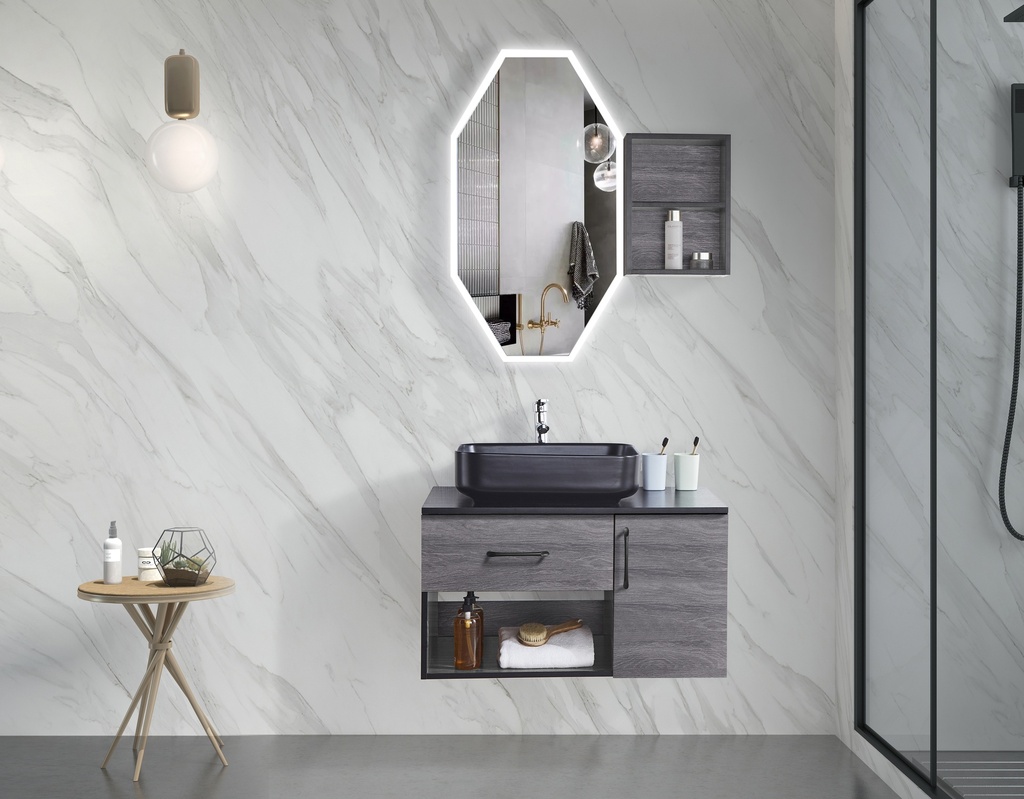 مغسلة خشب PLYWOOD   OS2320041 لون رمادي حوض أسود  ومراية ليد 80 سم