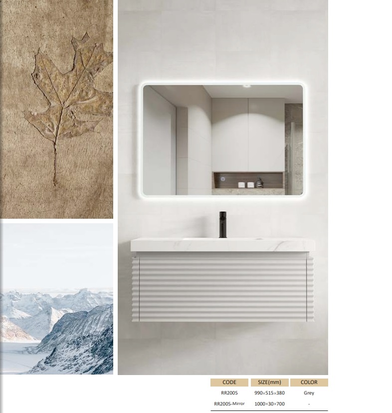 مغسلة دولاب خشب RR2005 PW  رمادي فاتح LED مراية   50*100 سم