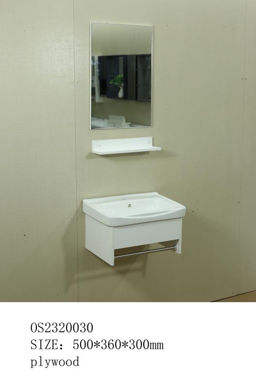 مغسله خشب أبيض  تعليق OS2320030 حوض سراميك علاقه استيل مع مرايا  ورف 50*36سم