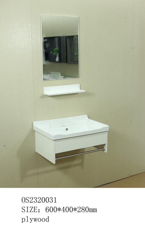 مغسله خشب أبيض  تعليق OS2320031 حوض سراميك علاقه استيل مع مرايا  ورف 60*40سم