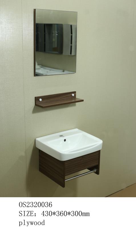 مغسله خشب بني تعليق OS2320036 حوض سراميك علاقه استيل مع مرايا  ورف 43*36سم